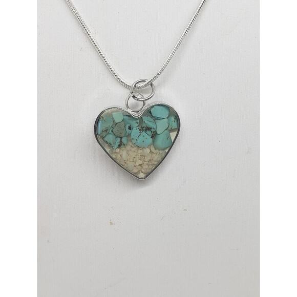 Heart Shaped Pendant Necklace Silver with Turquoise Chip & Beach Sand Inlay - Picture 13 of 14